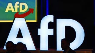 AfD-Logos bei einer Veranstaltung (Foto: IMAGO / dieBildmanufaktur)